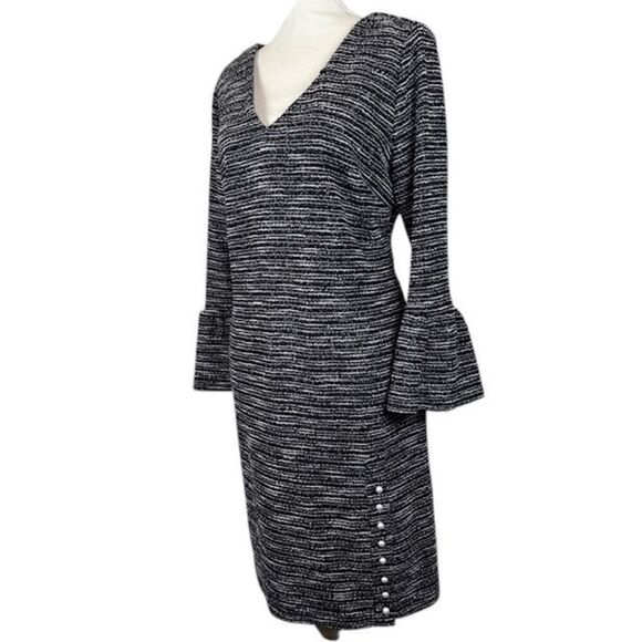 Karl Lagerfeld Tweed Sheath Dress Pearl Detail Trumpet Sleeve Black Size 12 - Picture 1 of 14